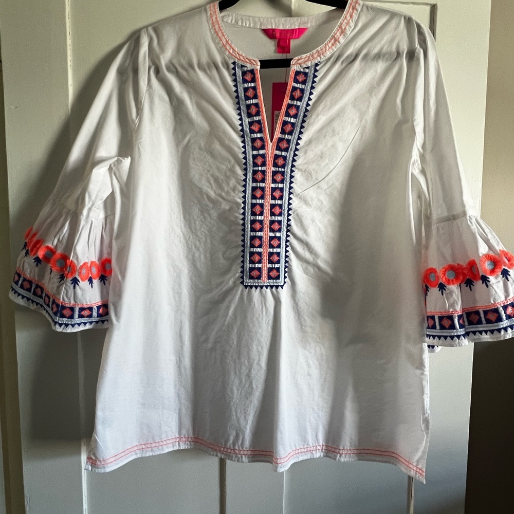 Lilly Pulitzer White Top with Vibrant Orange and Blue Embroidery